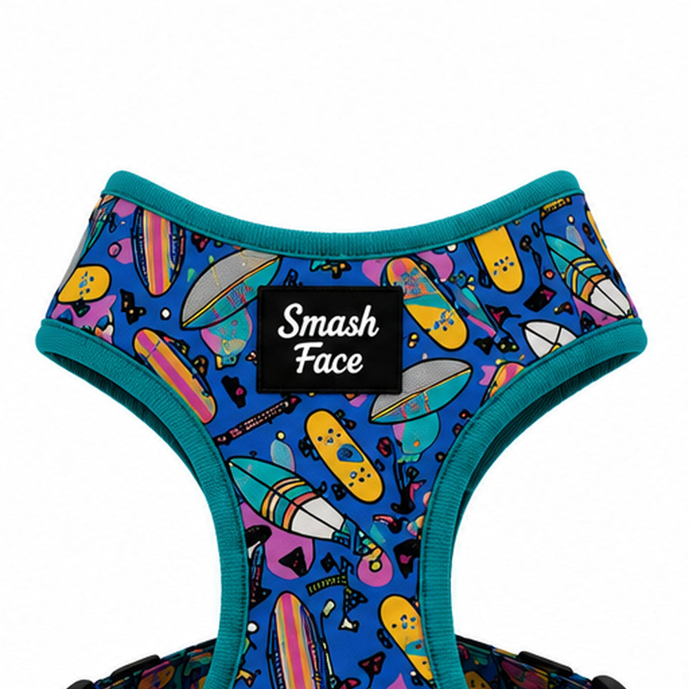 Totally Radical Reversible Dog Harness, Collar & Leash Set | Retro Gamer & Surf Skate Print | French Bulldog Harness