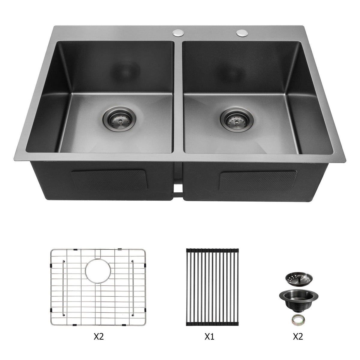 Double Bowl Drop In Kitchen Sink 33" X 22" With 16 Gauge Stainless Steel And 2 10" Deep Basins - Gunmetal Black