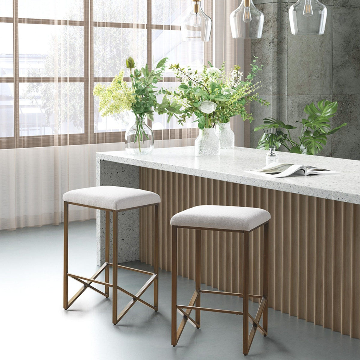 Backless Upholstered Counter Stool With Padded Seat - Ivory / Bronze