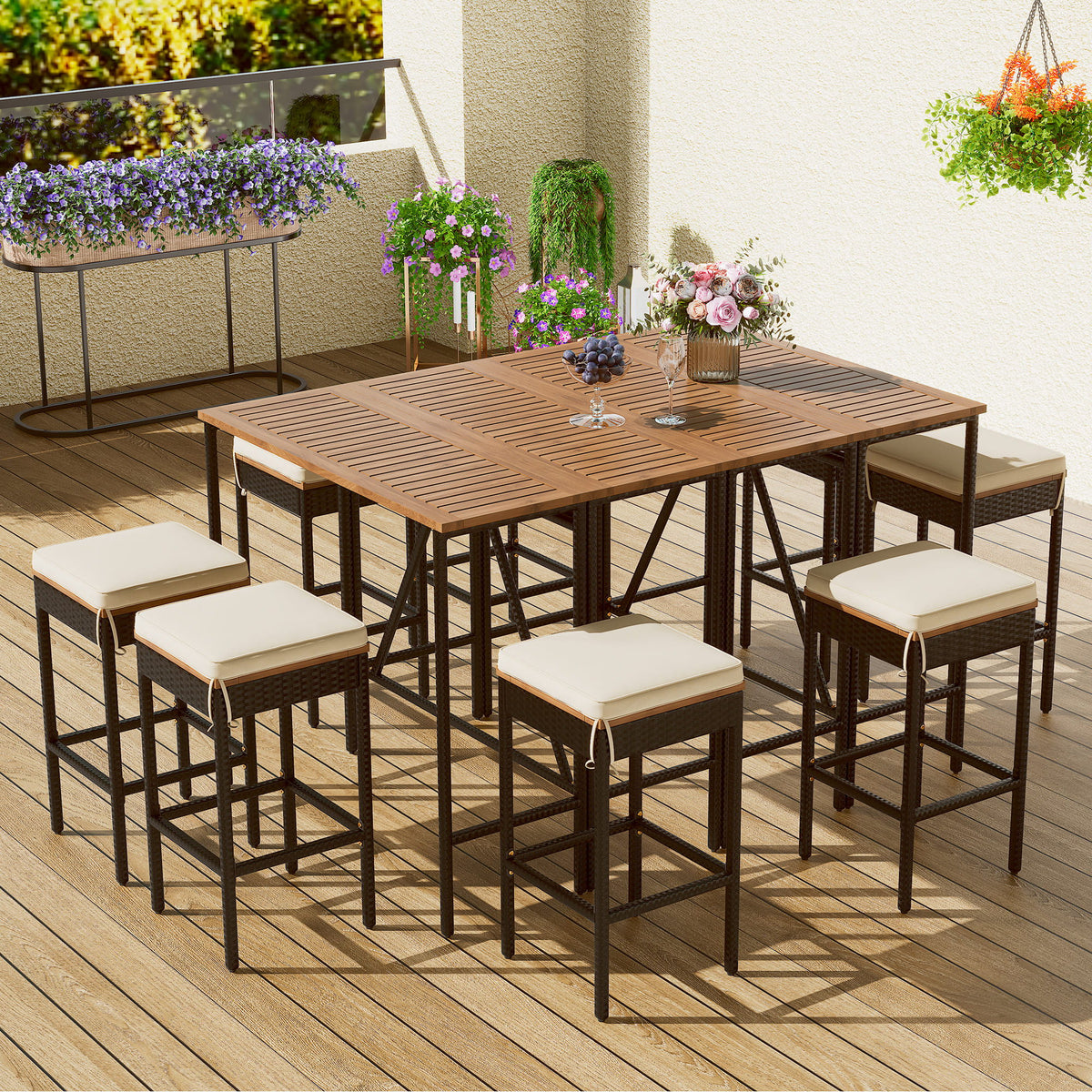 Acacia Wood Outdoor Bar Height Table Set with Cushioned Stools - Light Brown