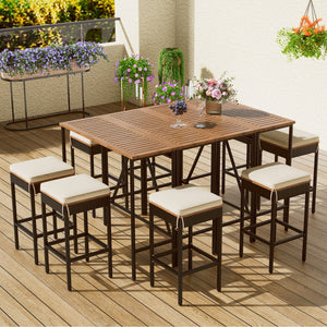 Acacia Wood Outdoor Bar Height Table Set with Cushioned Stools - Light Brown