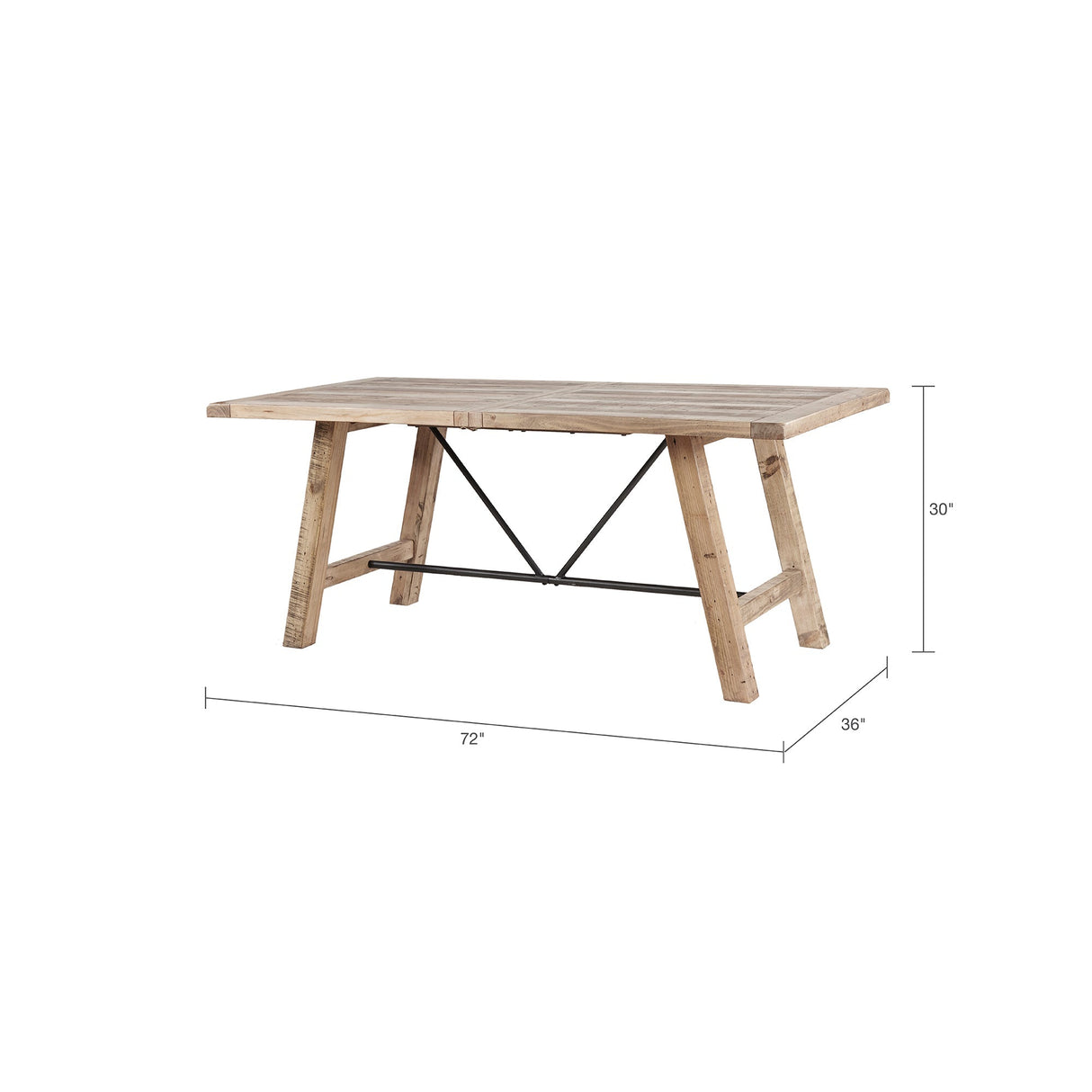 Rustic Dining Table with Metal Support in Natural Pine Wood Finish