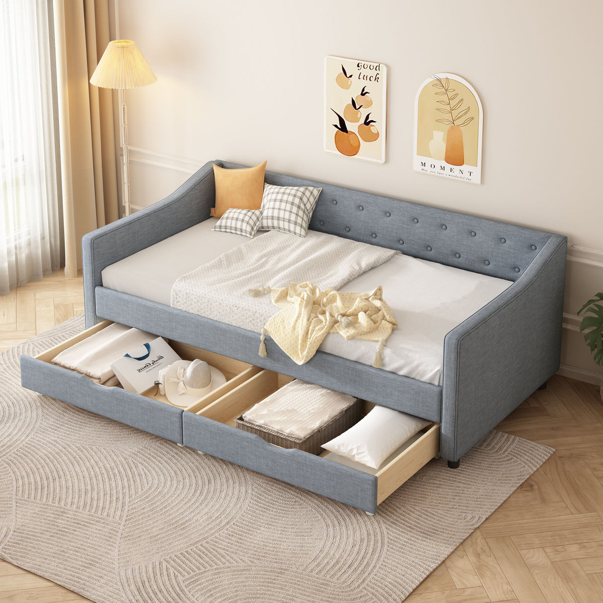 Twin Size Daybed with Drawers Upholstered Tufted Sofa Bed