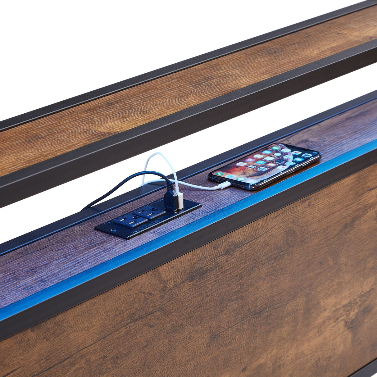 Modern Metal Platform Bed Frame With Wooden Headboard And Footboard, USB Charging Station, LED Lights, 2 Drawers