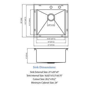 21" Drop-In Kitchen Sink With Pull-Out Faucet And Sink Cover