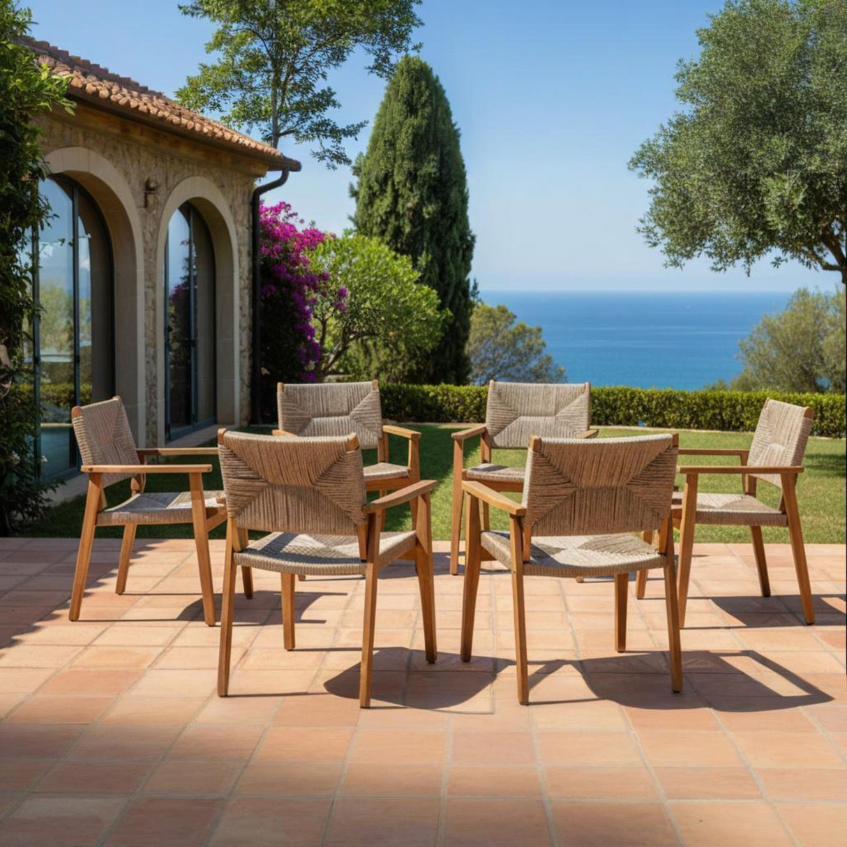 Durable Outdoor Dining Chair with Acacia Wood Frame, Handwoven Wicker Seat, Brown Finish, Patio Garden Furniture, (Compatible with Matching Table) Set of 2