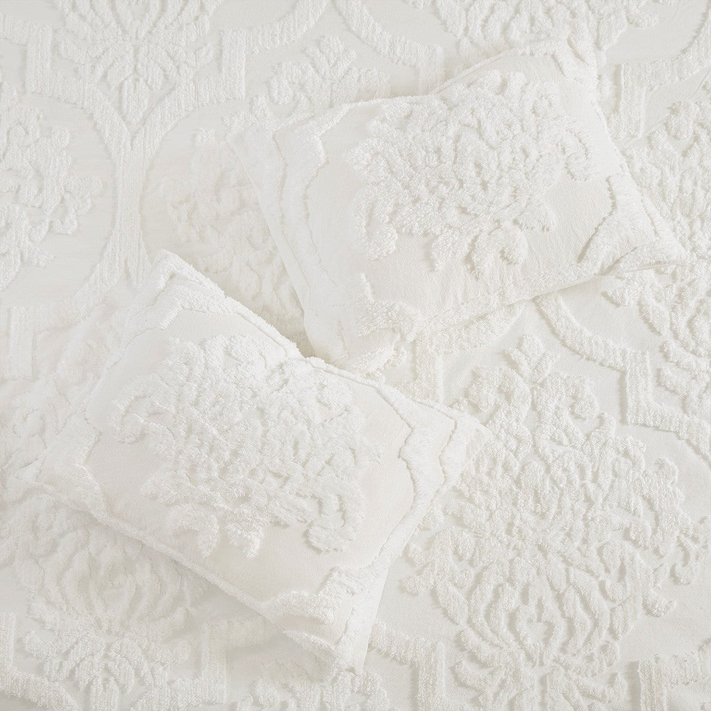 King/Cal King 3 Piece Tufted Cotton Chenille Damask Duvet Cover Set - Off-White