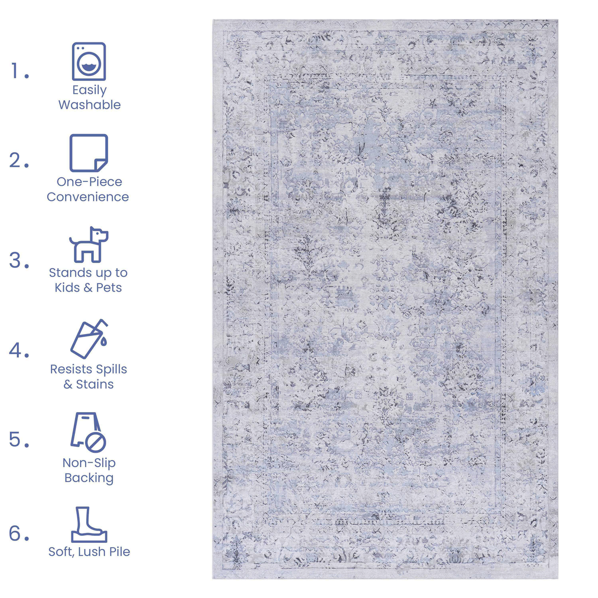 Area rug 4x6, washable rug, low-pile, non-slip, non-shedding, foldable, kid & pet friendly - area rugs for living room, bedroom, kitchen, dining room rug - perfect gifts, (blue+cream, 4' x 6')