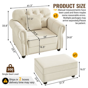 Upholstered Sofa With Nailhead Trim And Rolled Armrests, 1 Pillow - Beige / White