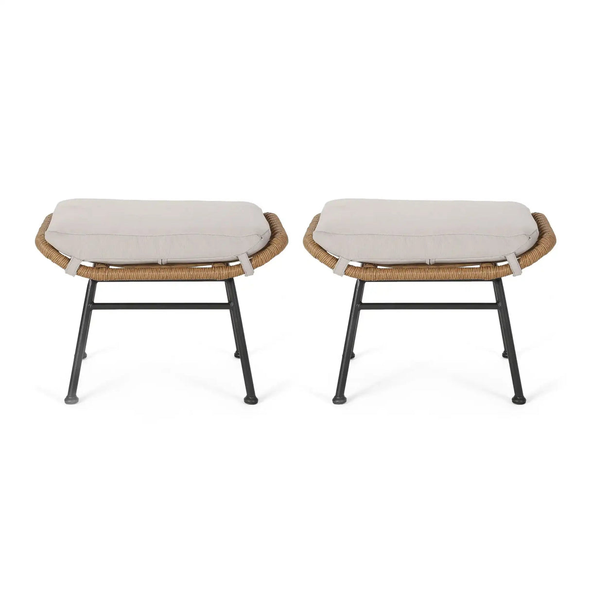 Outdoor Modern Boho Wicker Ottoman With Cushions (Set of 2)