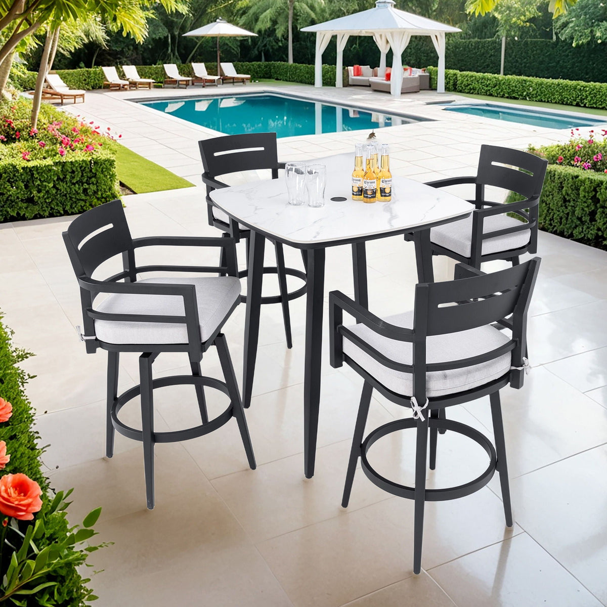 Modern Outdoor Patio Bar Set, Rounded Square Table & Bar Chairs, Non Rust Frame, Tapered Legs, Sunbrella Cushion