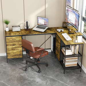 Industrial L Shaped Desk With Power Hub With 6 Drawers And Adjustable Monitor Stands - Brown