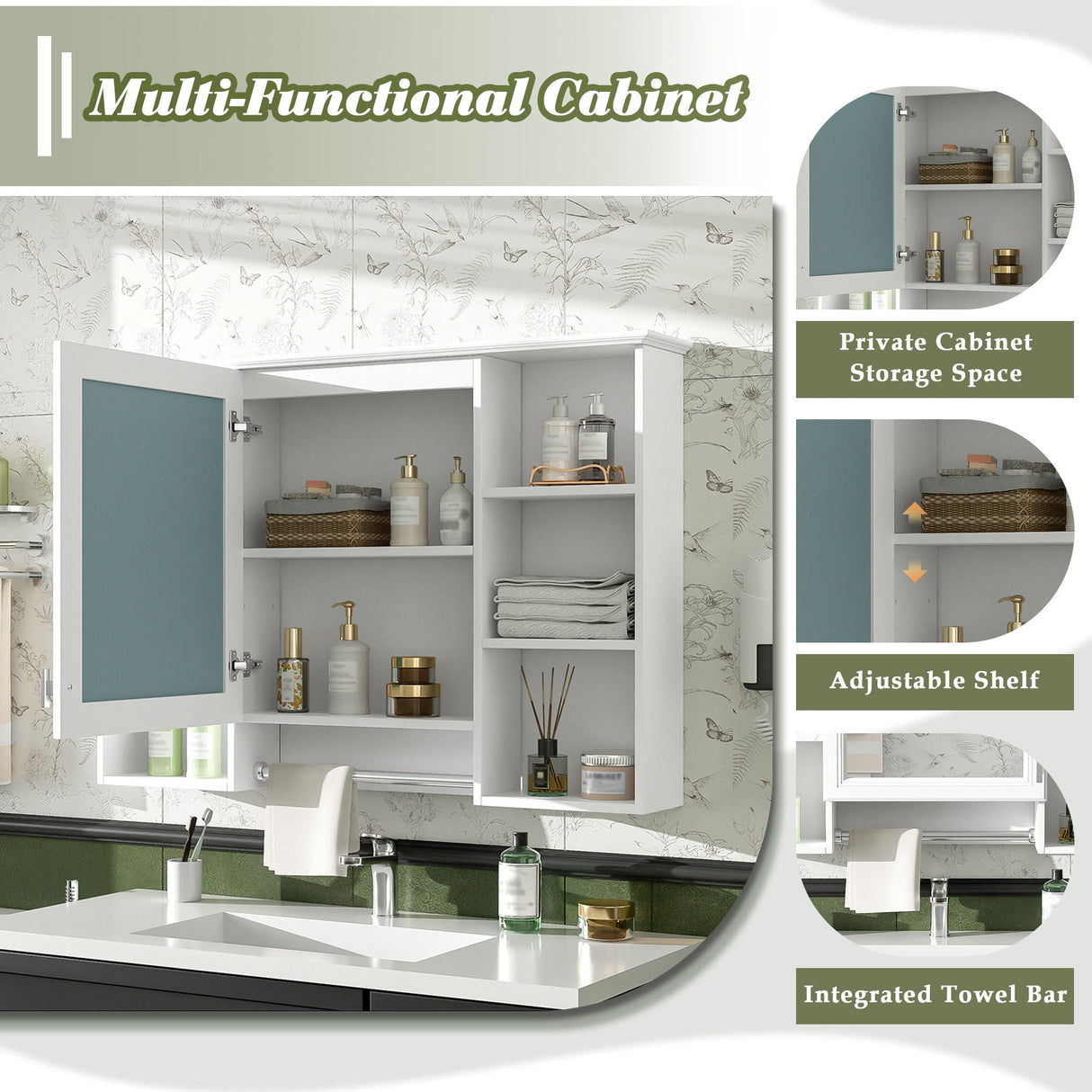 3 In 1 Modern Bathroom Mirror Cabinet With Adjustable Shelf, Soft Close Door, High Definition Mirror & Towel Bar