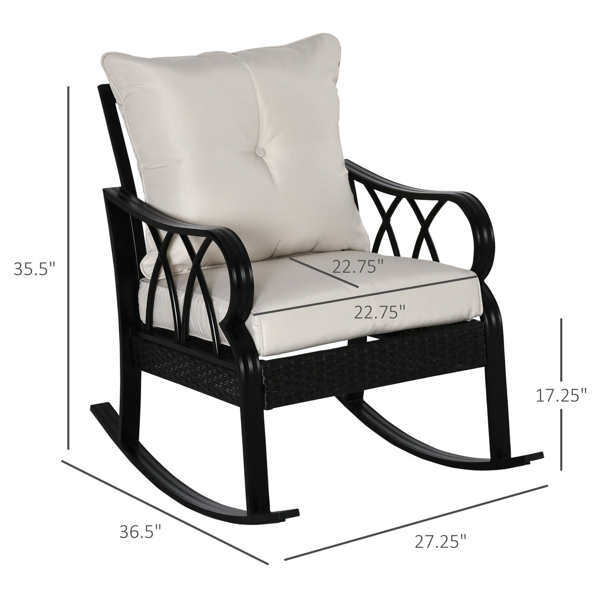 Outdoor wicker rocking chair with padded cushions, aluminum furniture rattan porch rocker chair w/ armrest