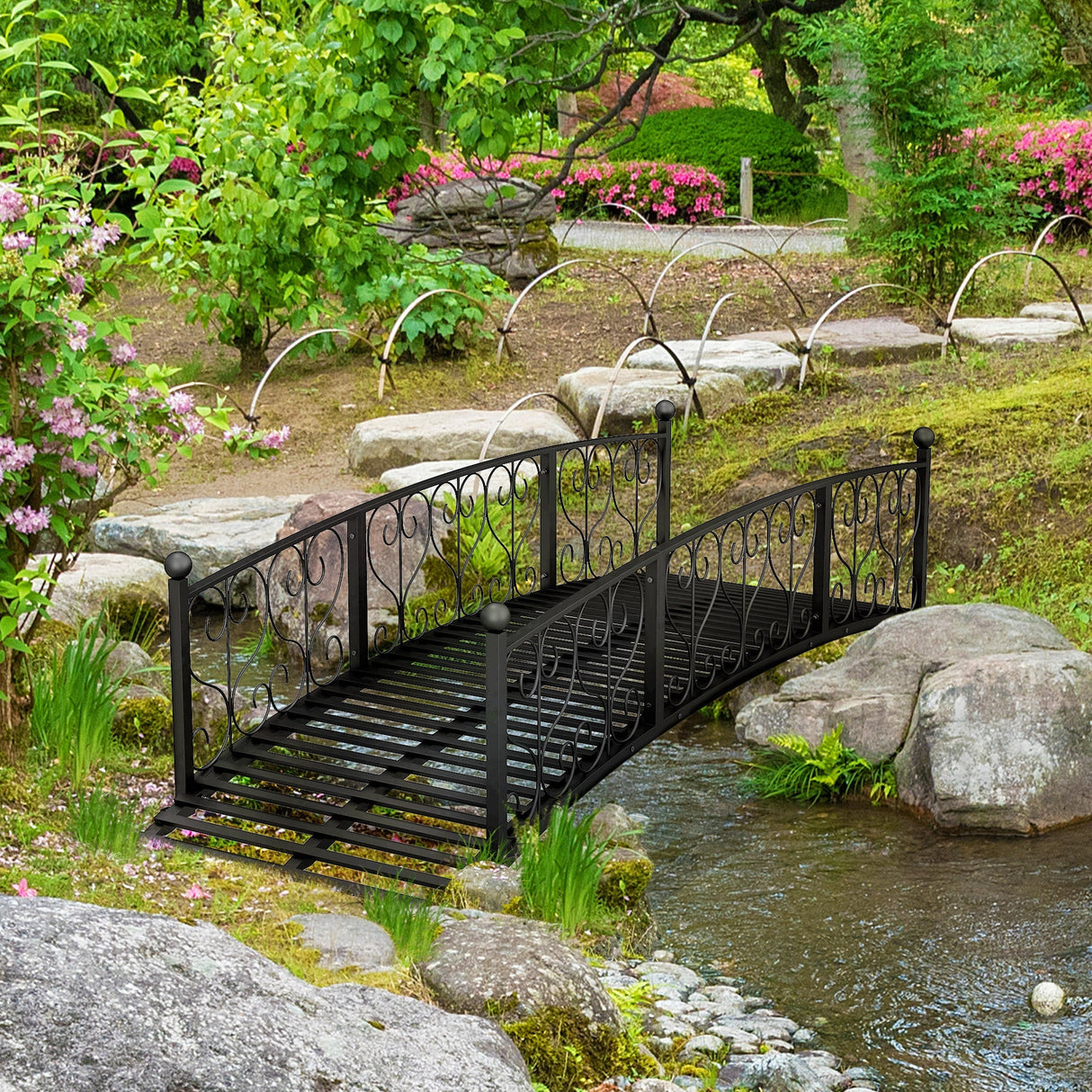 Outsunny 7' Metal Arch Garden Bridge with Safety Siderails, Decorative Arc Footbridge with Delicate Scrollwork 'S' Motifs for Backyard Creek, Stream, Fish Pond, Black