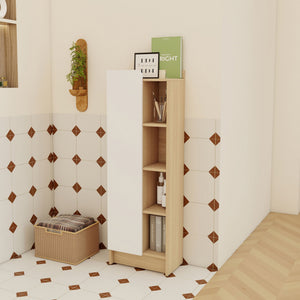 Tall Freestanding Bathroom Side Cabinet With Single Door & 4 Tier Open Shelves - Black / Light Oak / White