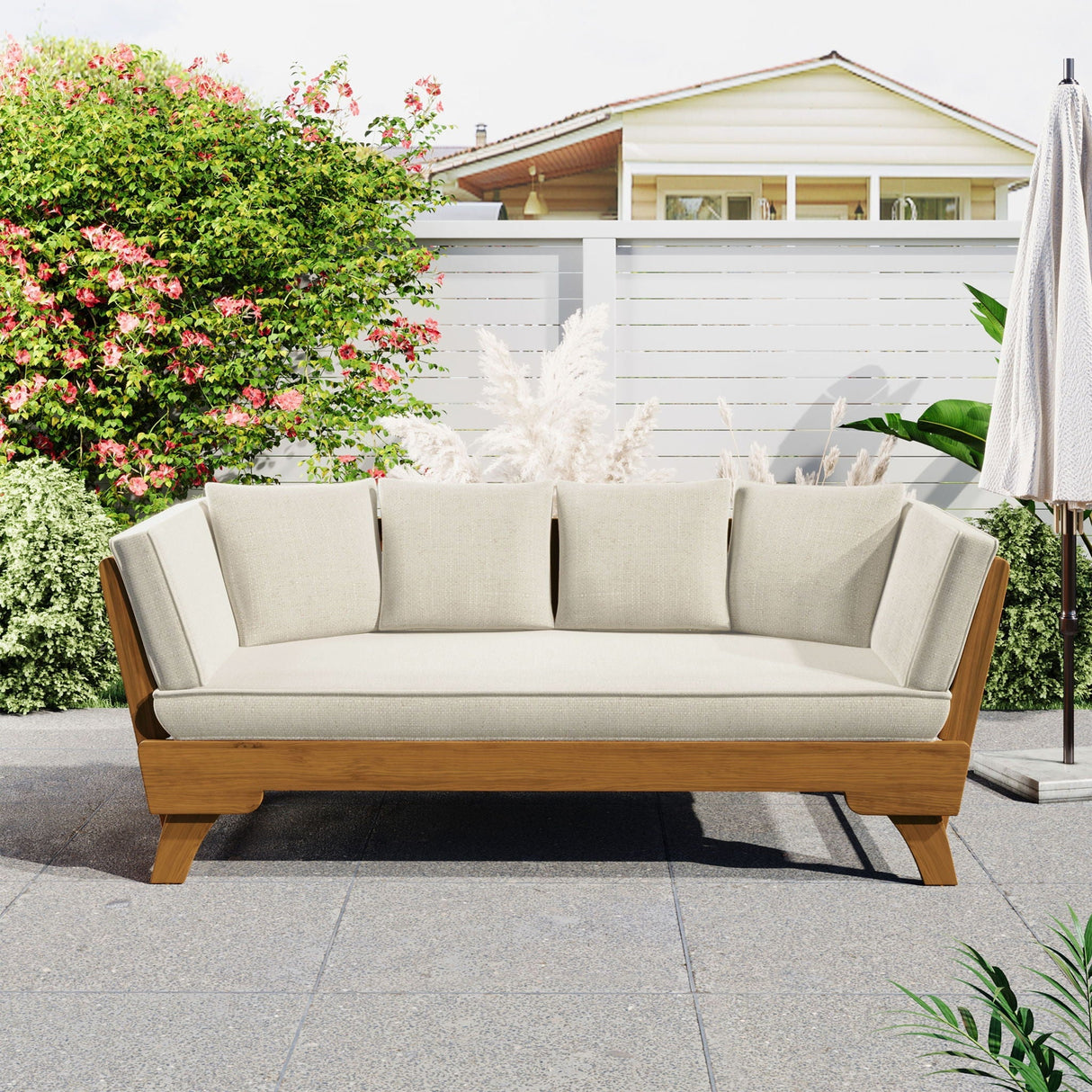 Outdoor Patio Daybed Sofa, 3 Seat Sofa with Foldable Arm and 4 Back Pillows