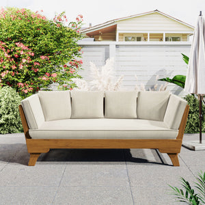 Outdoor Patio Daybed Sofa, 3 Seat Sofa with Foldable Arm and 4 Back Pillows