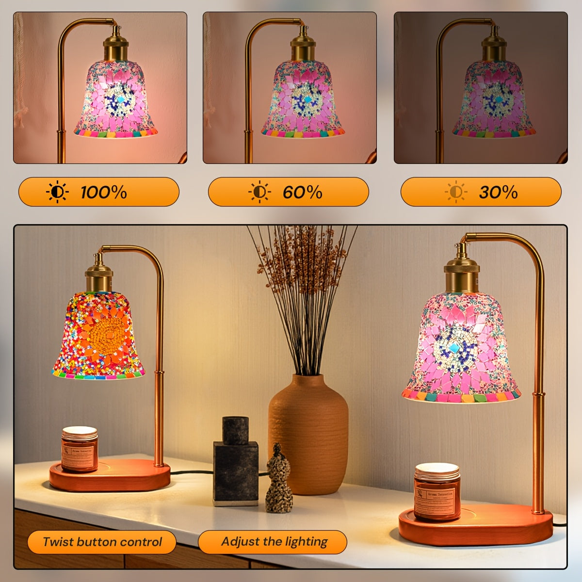 Turkish Mosaic Candle Lamp – Dimmable Glass Table Light for Bedroom & Holidays