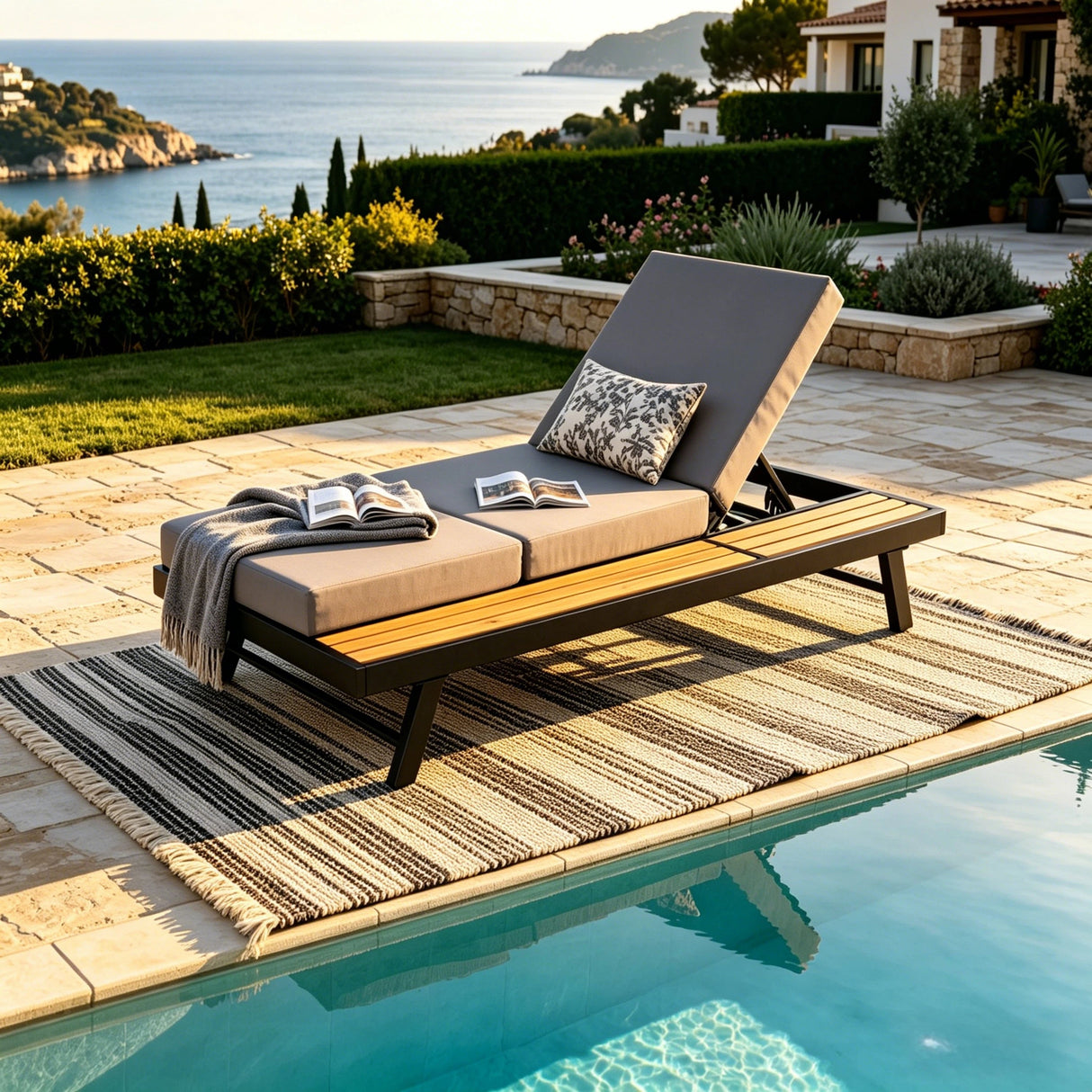 Black Iron + Teak Finish Chaise Lounge Set