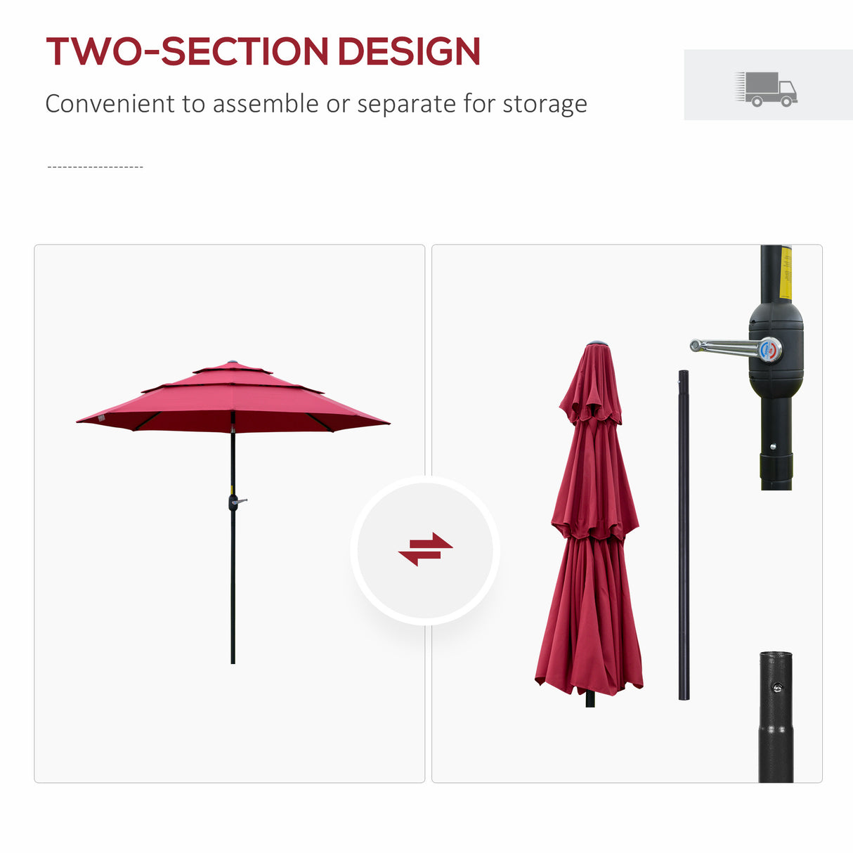 9ft 3 tiers patio umbrella outdoor market umbrella with crank, push button tilt for deck, backyard and lawn, wine red