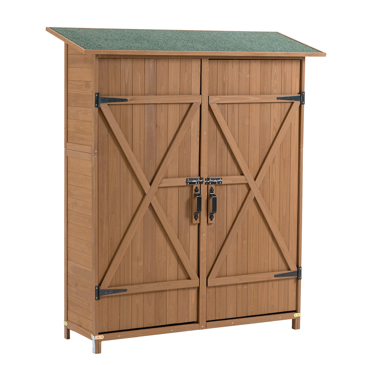 56'l x 19.5'w x 64'h outdoor storage shed with lockable door, wooden tool storage shed w/detachable shelves & pitch roof,yellow brown