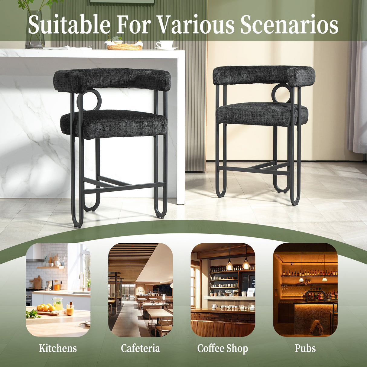Household bar stools set of 2, modern upholstered with back