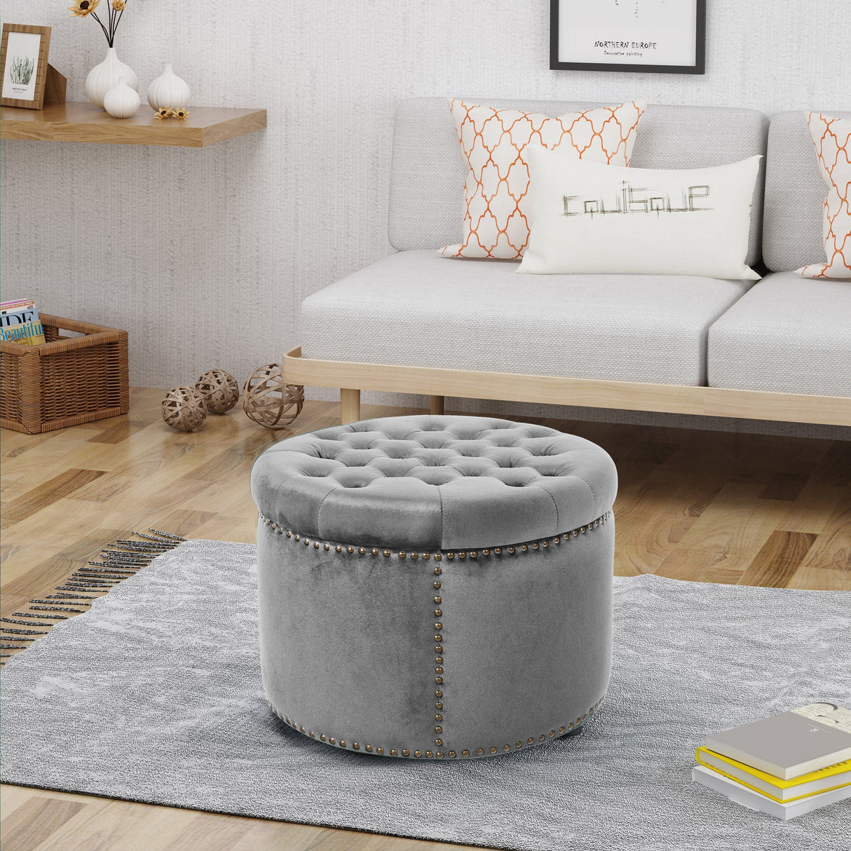 Elegant Round Ottoman Footstool with Grey Velvet Upholstery and Studded Rim