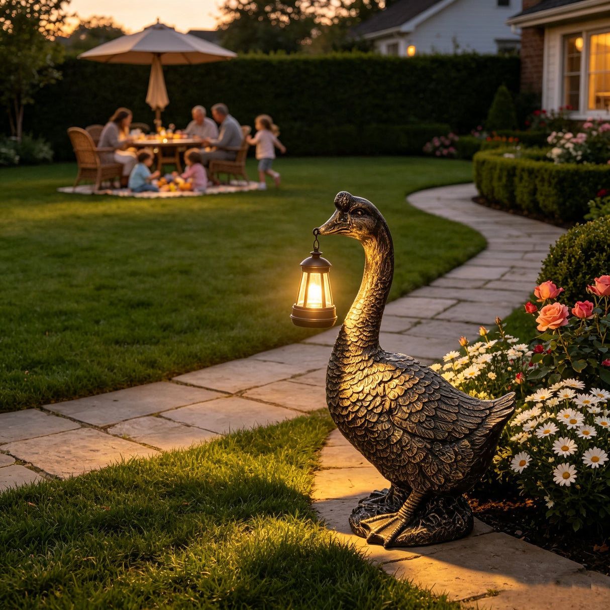 21'' Antique Bronze Goose Statue With Solar Lantern