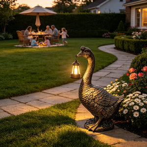 21'' Antique Bronze Goose Statue With Solar Lantern