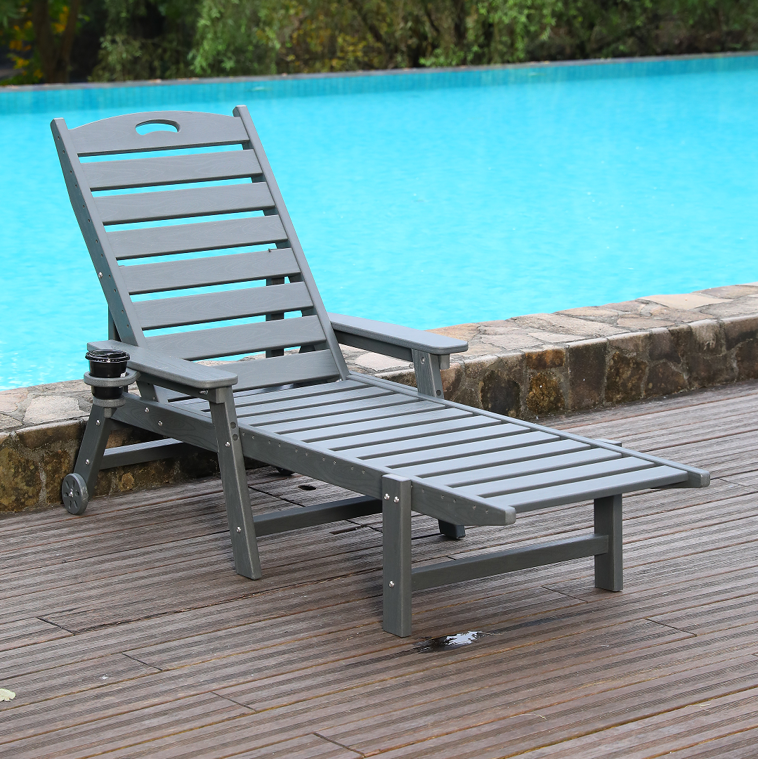 HDPE Chaise Lounge Chair Outdoor, Pool Lounge Chairs with 4-Position Adjustable Backrest, Supports Up to 360 LBS for Patio Poolside Deck Beach Backyard (grey)