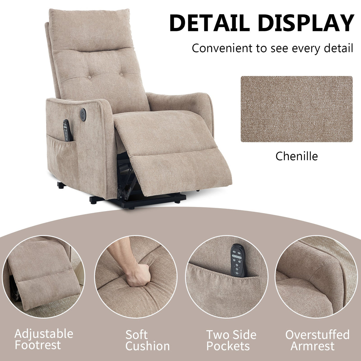 Khaki Chenille Power Lift Recliner Chair with Massage and Heat
