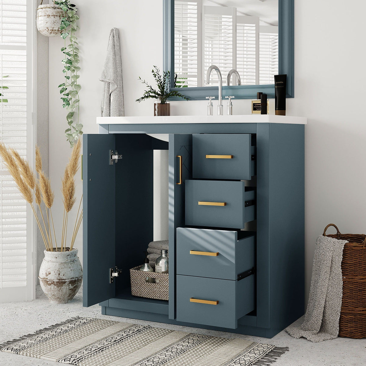 Bathroom Vanity with Ceramic Sink and Storage Cabinet - Dark Green, White, Black, or Blue