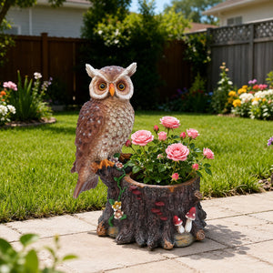 Sitting Owl with Tree Trunk Garden Planter