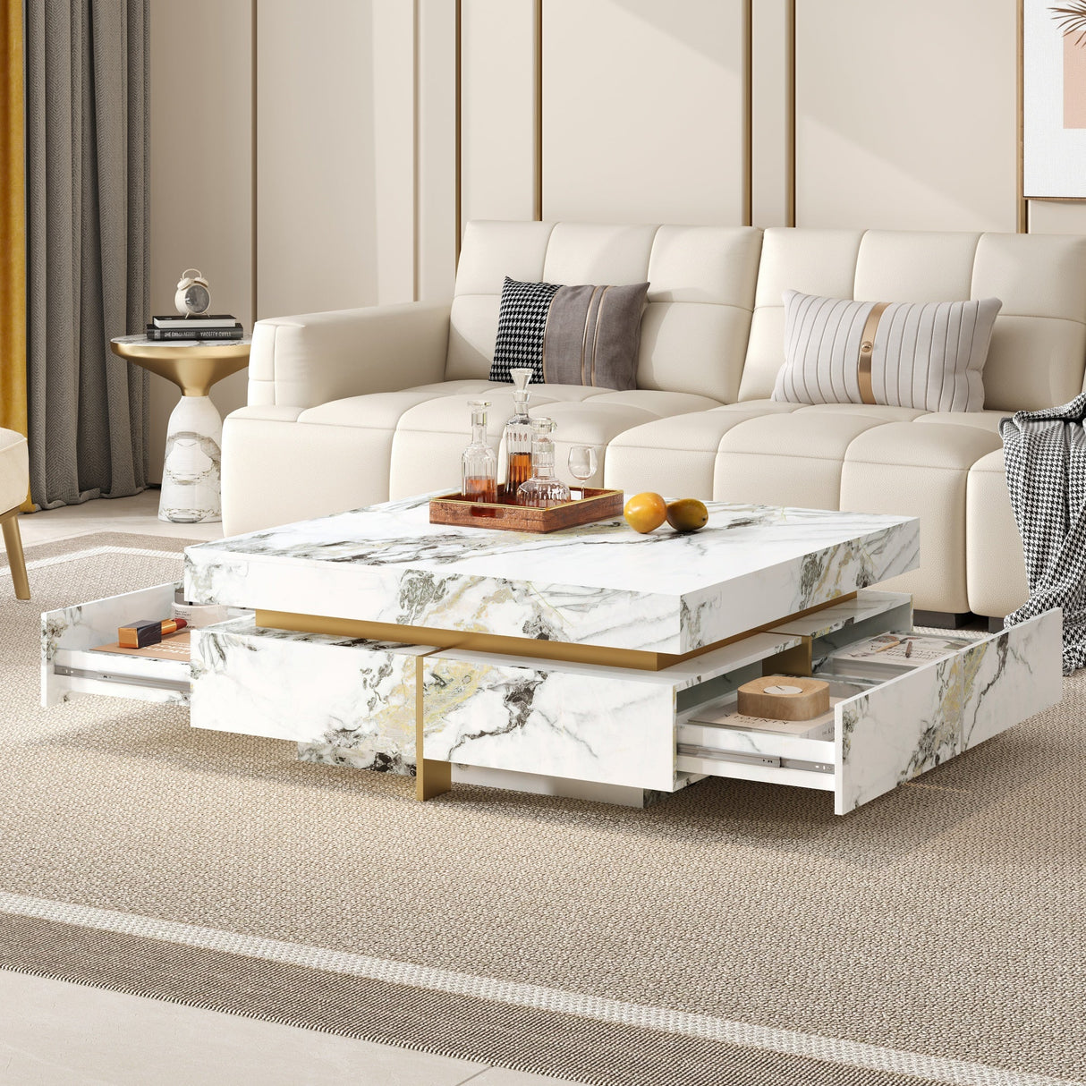 Modern Square Marble Textured Coffee Table with 4 Drawers