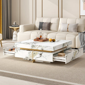 Modern Square Marble Textured Coffee Table with 4 Drawers