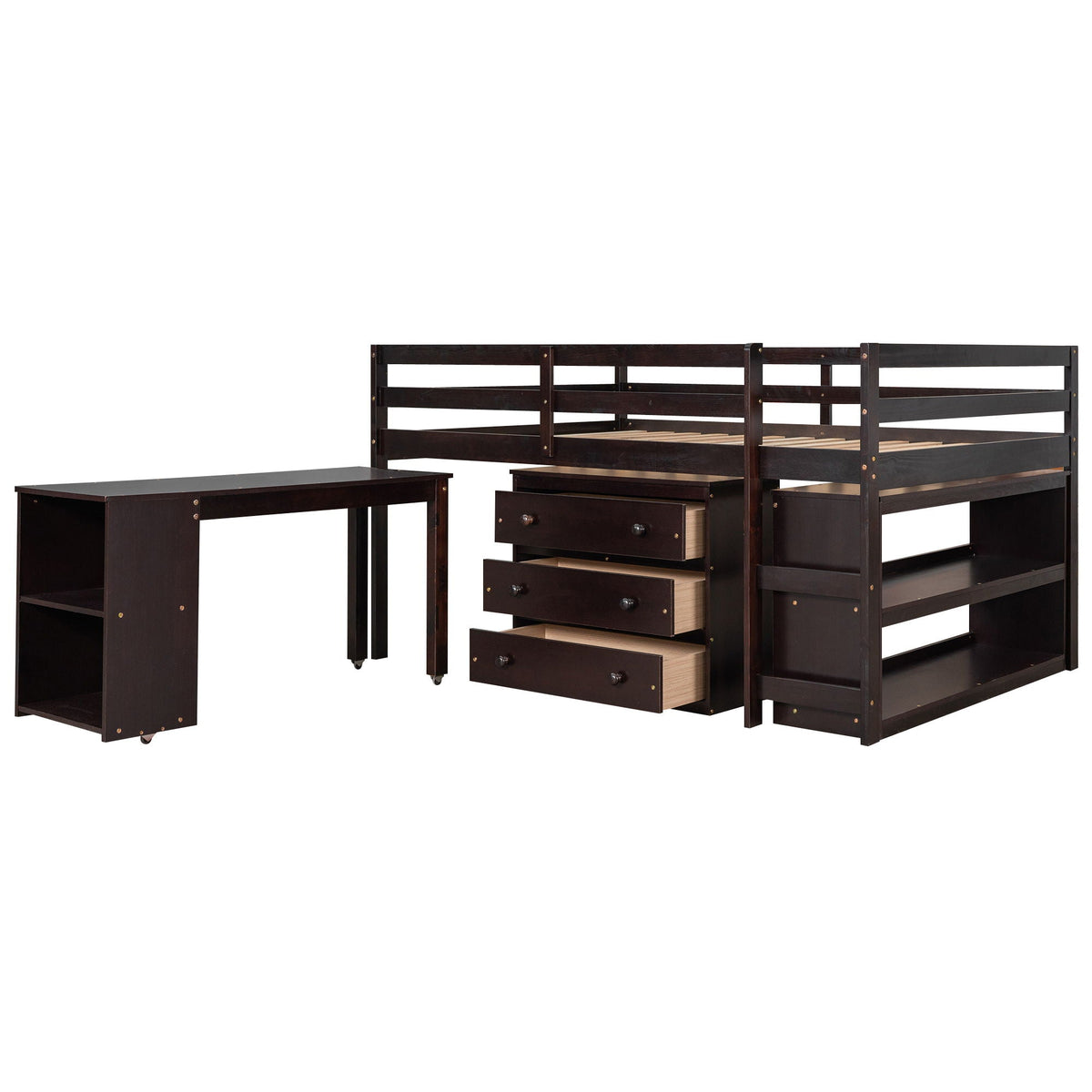 Loft Low Study Bed With Cabinet, Shelves And Rolling Portable Desk, Multiple Functions