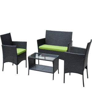 4 PC Rattan Patio Furniture Set with Cushions - Black and Green
