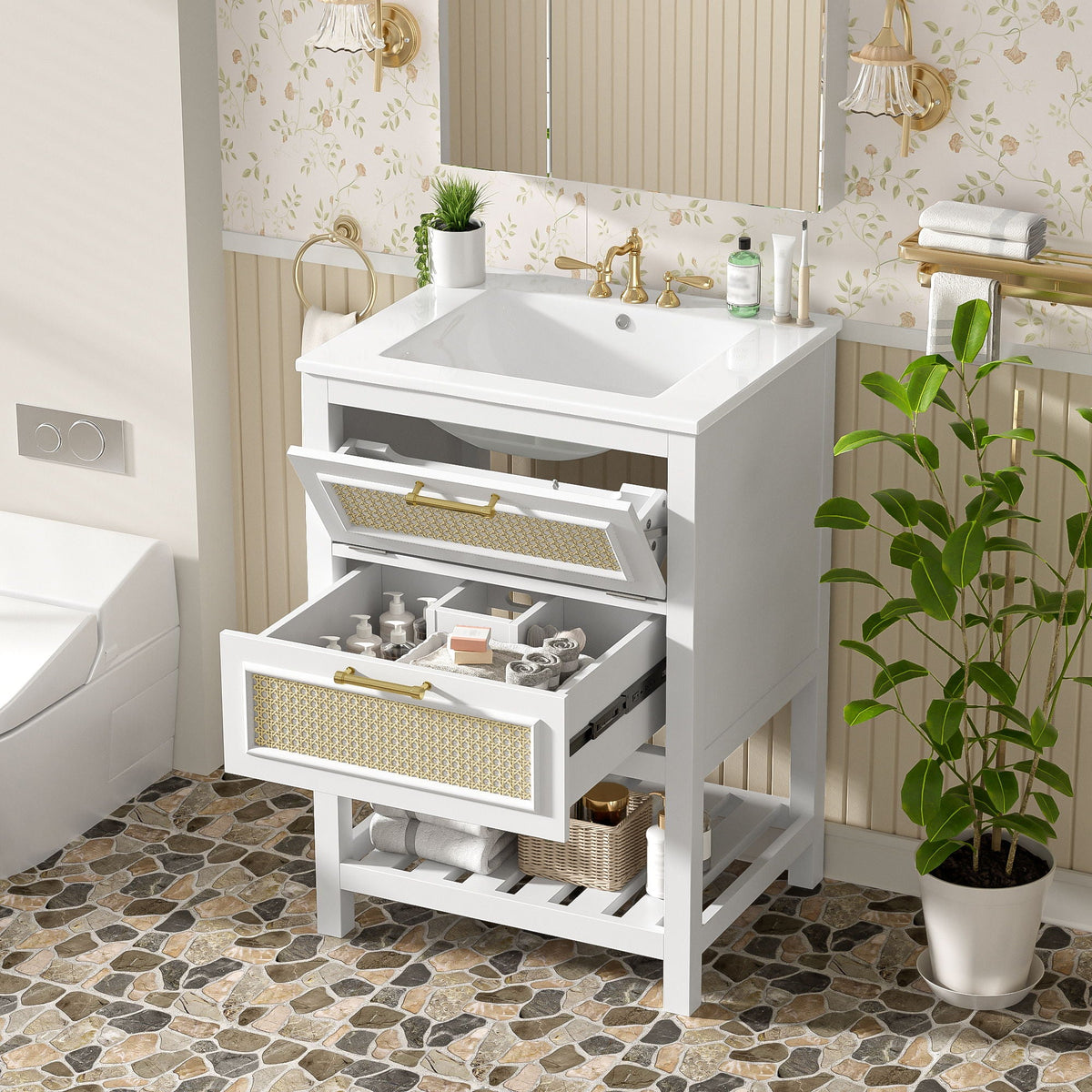 Modern Bathroom Vanity With Integrated Sink, Cabinet With 1 Deep Drawer And 1 Tip-Out Drawer