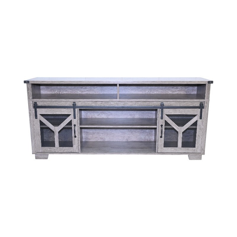 65.3" TV Stand with LED Light Strips and Iron Mesh Barn Door