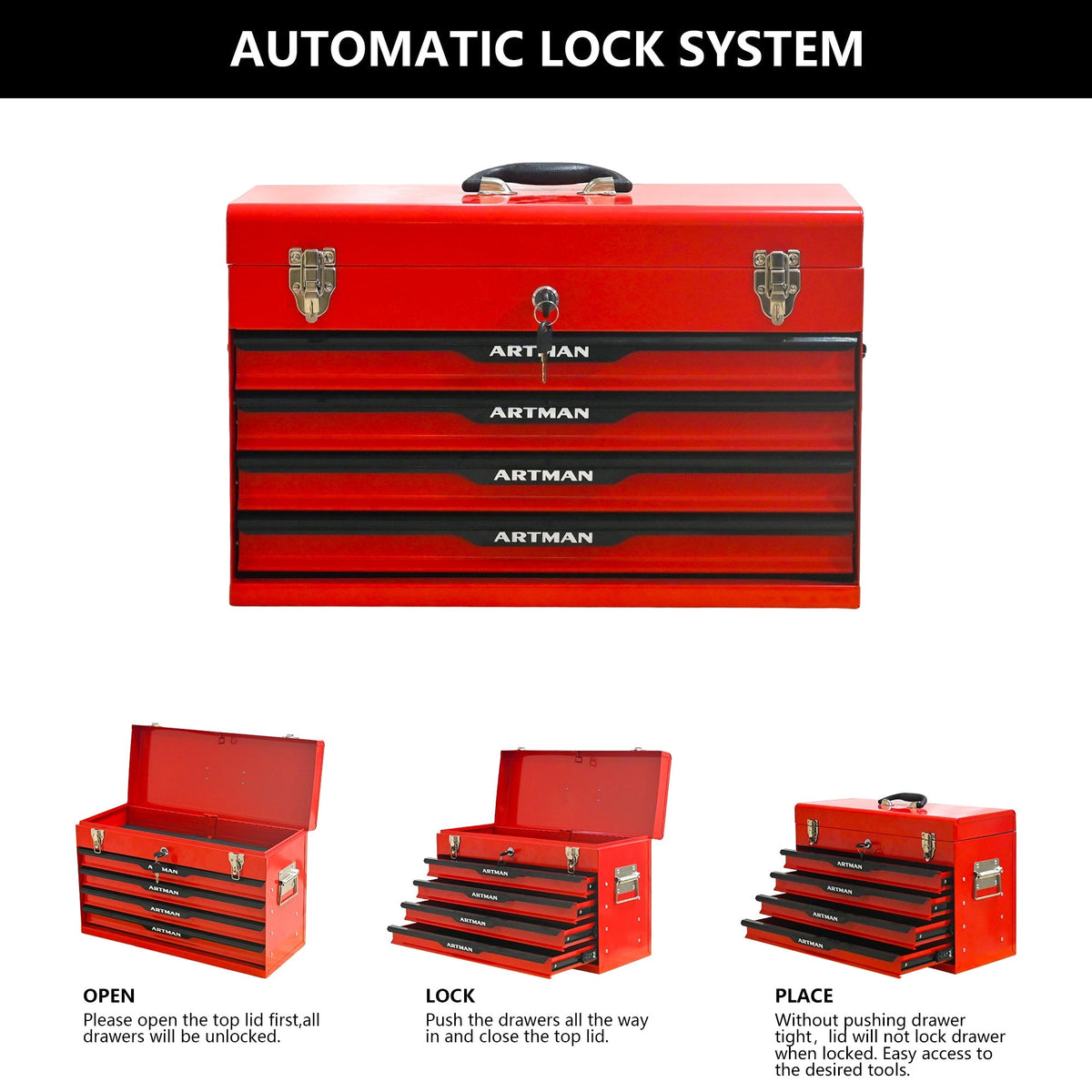 20-Inch Steel Tool Box with Drawers – Portable Storage, Red