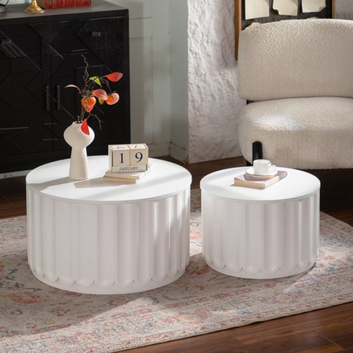 White Round Storage Table Set with Lift-Off Lid