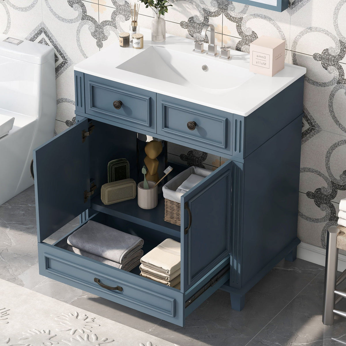 Bathroom Vanity with Sink and Storage Cabinet - White, Blue, or Dark Green