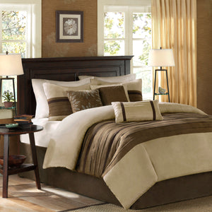 7 Piece Faux Suede Queen Comforter Set with Embroidered Pillows - Natural