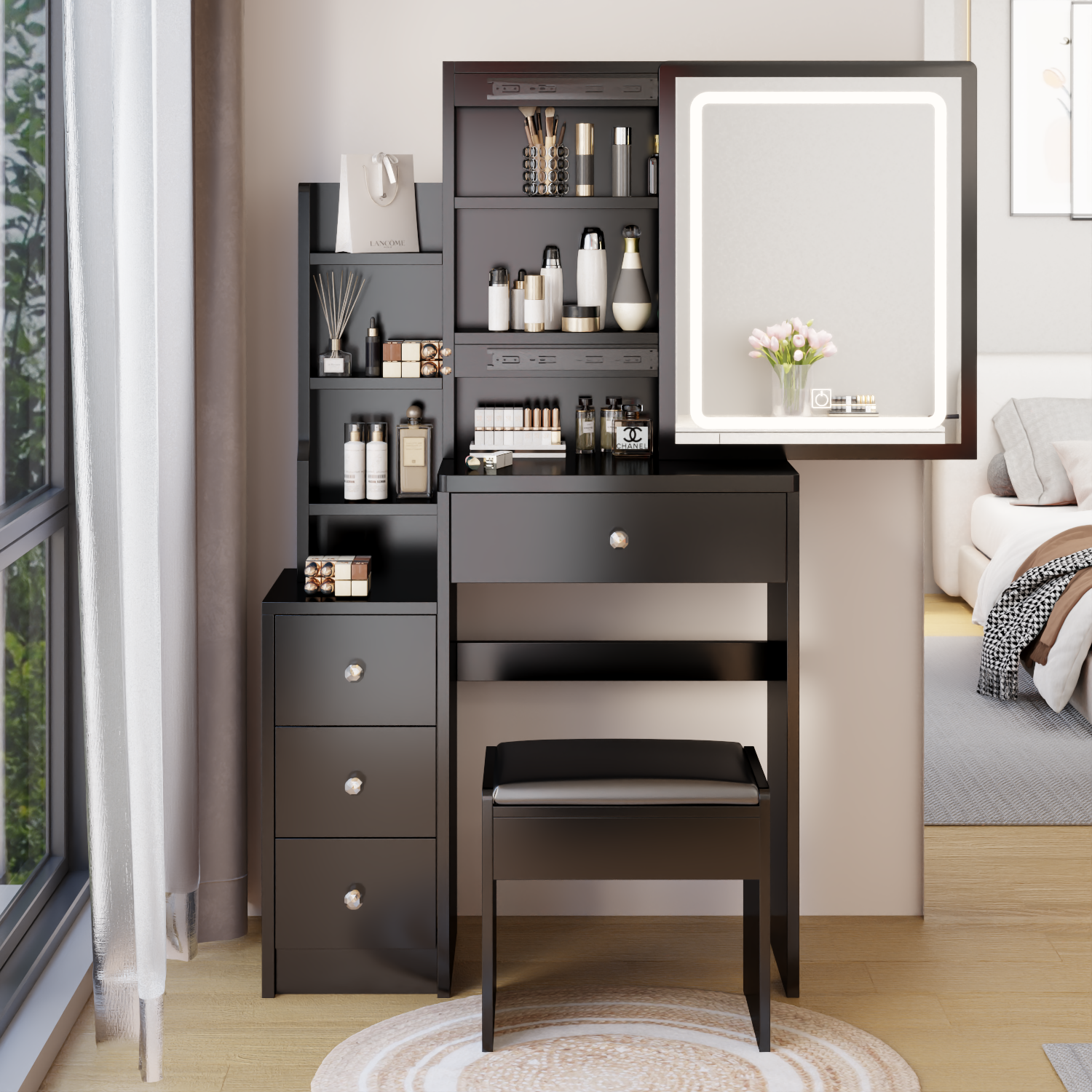 Black-Bedside-Cabinet-Vanity-Table-+-Cushioned-Stool,-Extra-Large-Sliding-LED-Mirror,-Touch-Control-VANITY