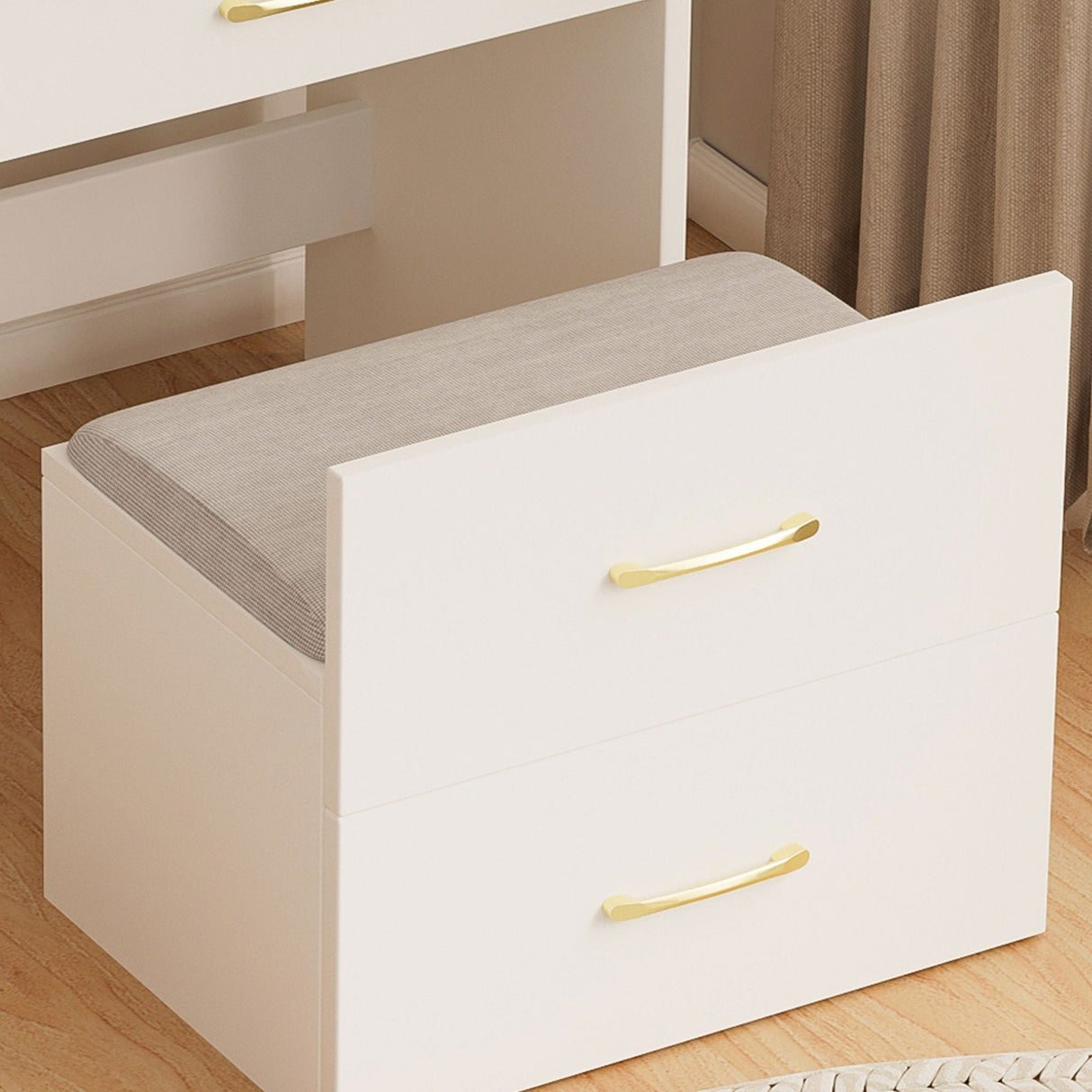 Compact 3 In 1 Vanity Desk With Open Top Mirror, Glass Desktop, 5 Height - White