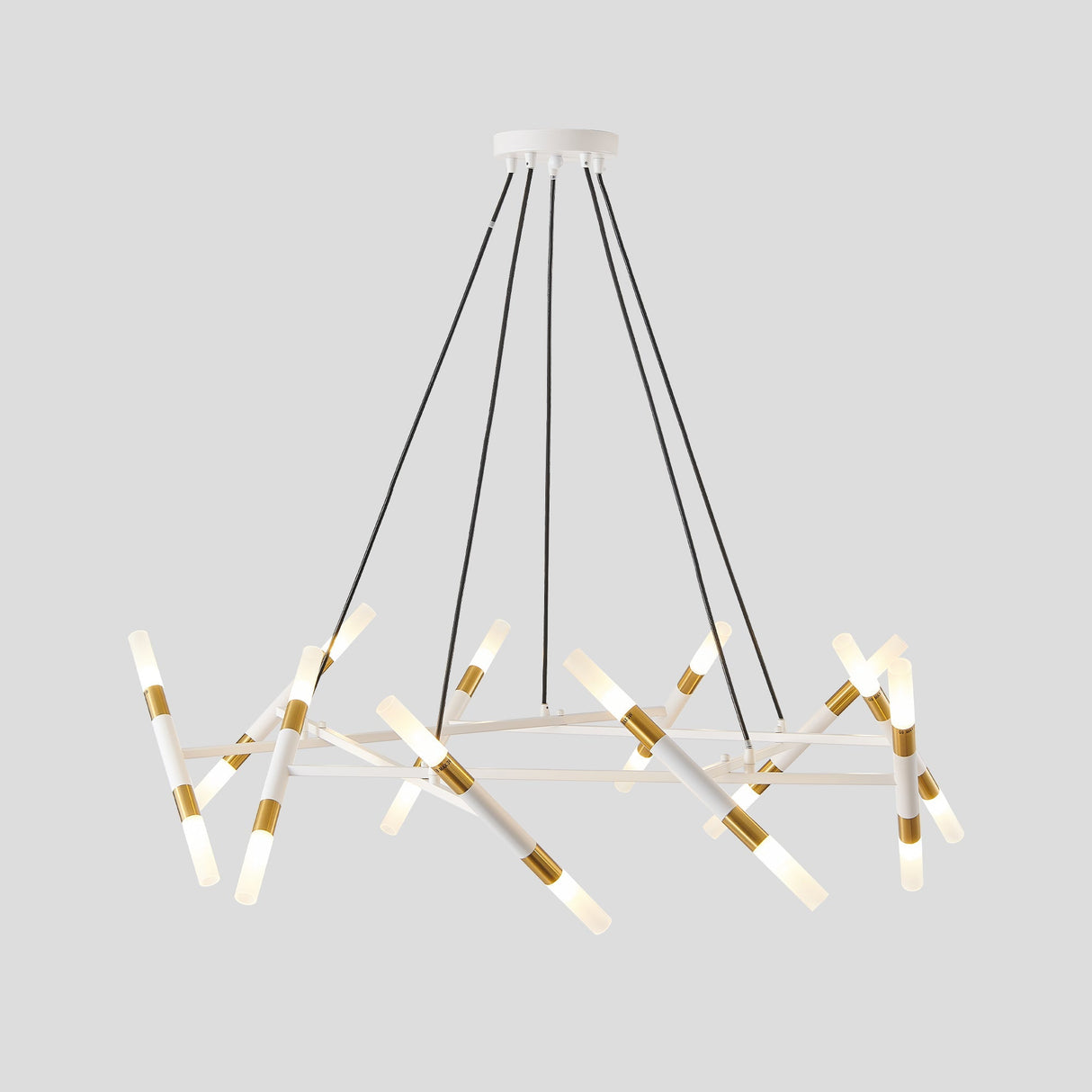 41' White & Golden Modern Chandelier Light Fixture, Branch Design with Frosted Tubes, Black Cords, Adjustable Height Pendant Light for Dining Room, Living Room, or Kitchen Island (Bulb Not Included)