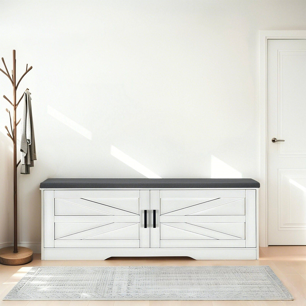 2 Tier Shoe Bench With Padded Seat, 2 Barn Doors And Adjustable Shelves, For Entryway And Living Room - White