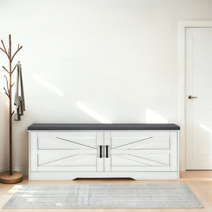 2 Tier Shoe Bench With Padded Seat, 2 Barn Doors And Adjustable Shelves, For Entryway And Living Room - White