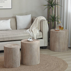 Set of 3, Rounded Wood Coffee Tables, End Tables, Plant Stands,Decorative Accent Pieces - Rustic Wood Finish